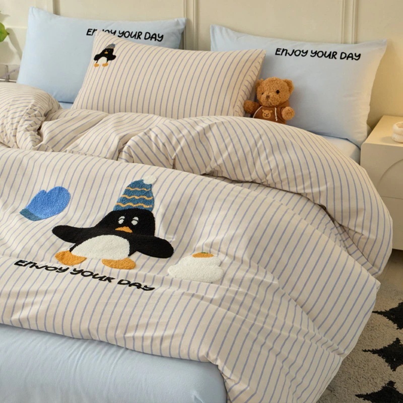 厚手コットンの肌触りの純綿4点セット可愛いベッドシーツボックスシーツベッドバッグセット