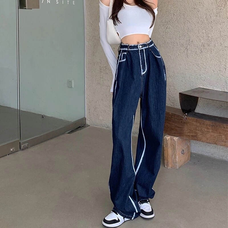 デニムパンツ ジーンズ ロングパンツ ワイドパンツ レディース 春秋 配色 ストレート ゆったり