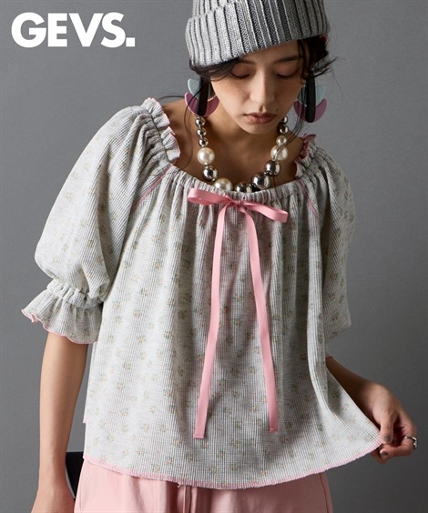 Tシャツ・カットソー ワッフル花柄プリントパフスリーブカットソー 大きいサイズ有 GEVS.