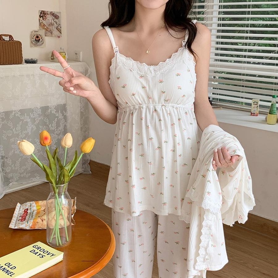 マタニティ パジャマ 妊婦の授乳期パジャマストラップ3点セット 韓国ファッショ月子が乳を飲ませるウェア マタニティ パジャマ メカ割