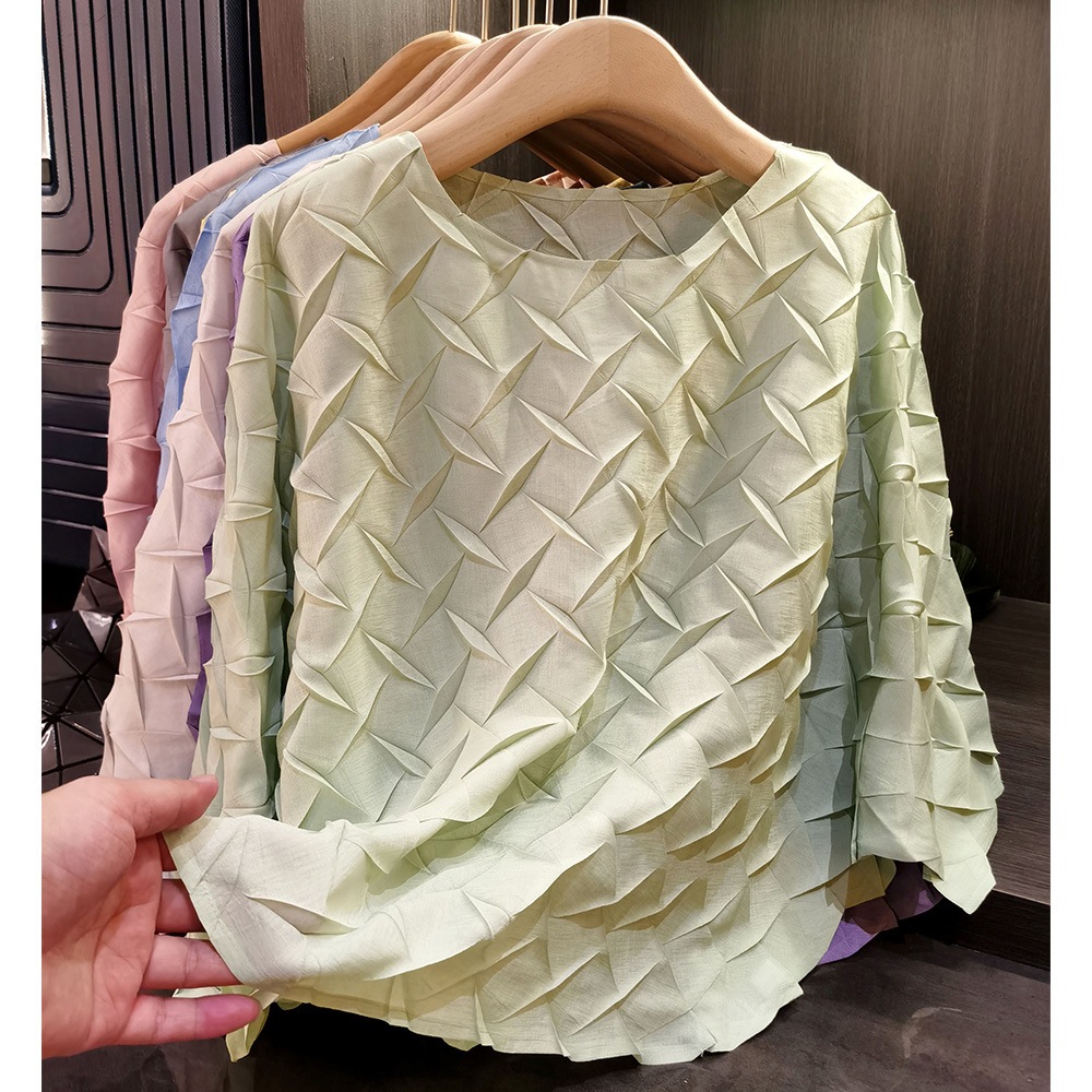 デザイン手作りタック七分袖tシャツ通勤百合純ゆるいフリル上着秋