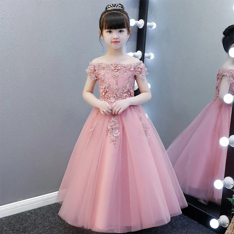 子供ドレス ピンク オフショルダー ピアノ発表会ドレス ロング丈 ワイン赤 ロングドレス 女児ドレス 花柄 フラワー 七五三ドレス 白 グレー 女の子 半袖 演奏会ドレス フォーマル 入学式 卒業式
