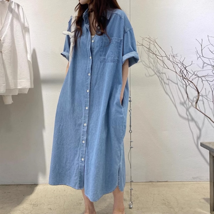 アウター ワンピース ロング丈 袖あり 半袖 襟付き スタンドカラー 角襟 Iライン ポケット 2way デニム かわいい 大人可愛い カジュアル 大人 おしゃれ お洒落 かっこいい 大人可愛い