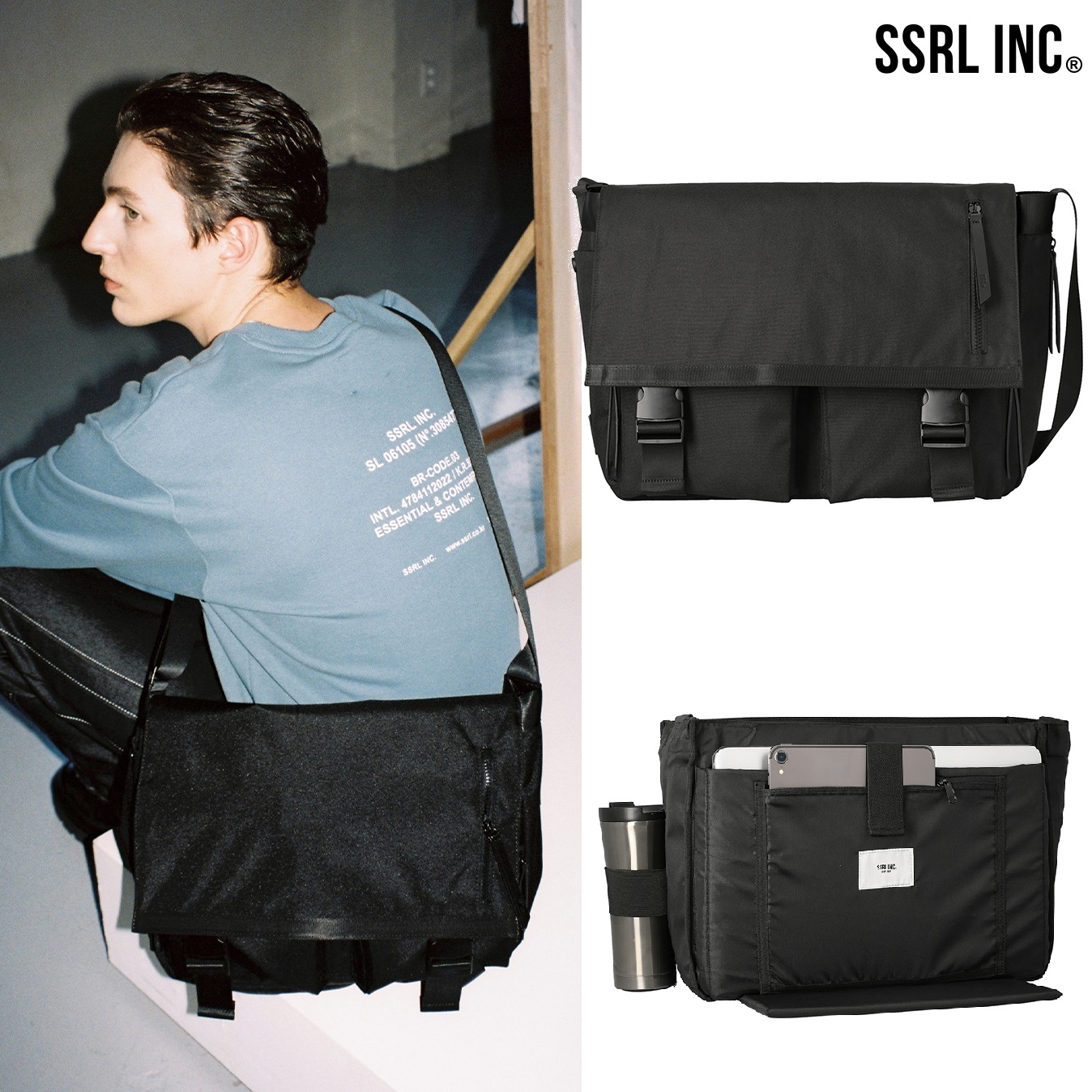 [SSRL] dual pocket messenger bag / black 韓国人気 新学期 カジュアル 学生デイリー 韓国人気 日常用 旅行用 男女共用