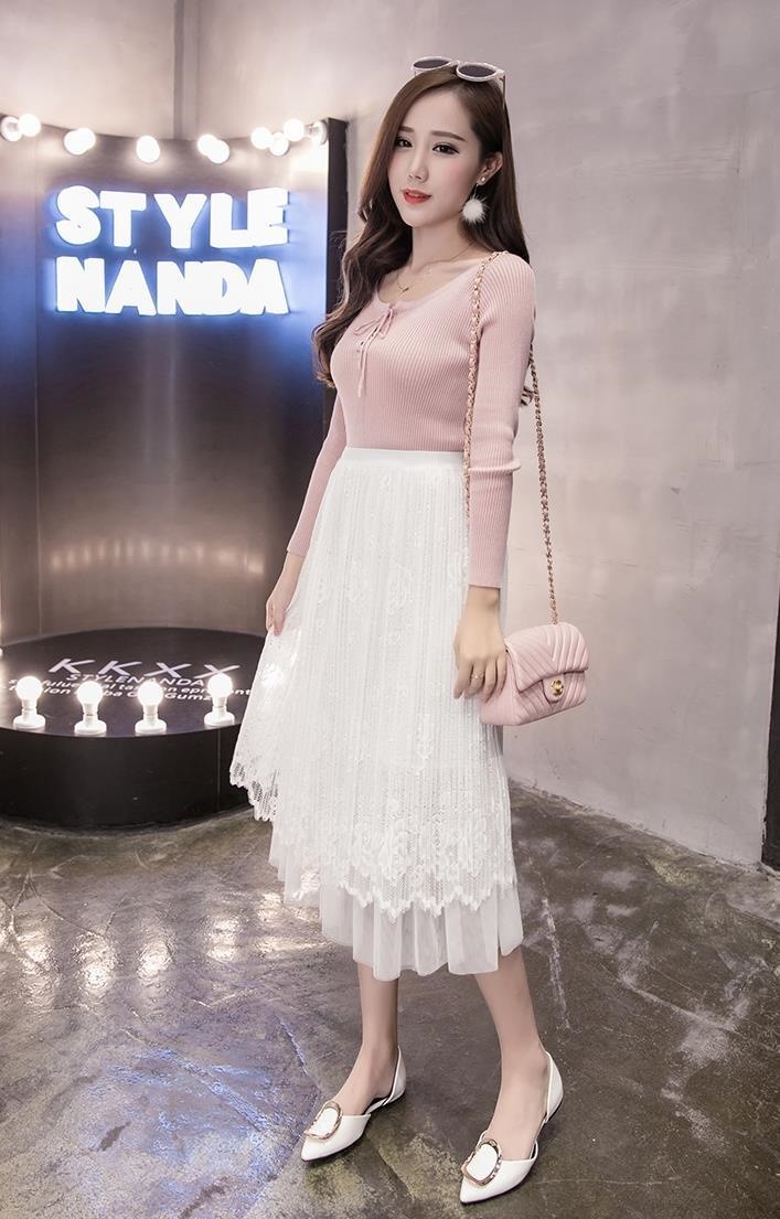 3113.花柄刺繍プリーツチュールスカート(ホワイト)