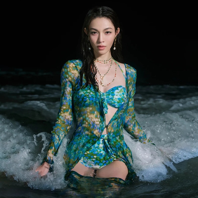 替换フローラル フレンチロングドレス リゾート 海辺 ビーチ ビキニ3点セット ドレス 女性用 フォトジェニック5011346