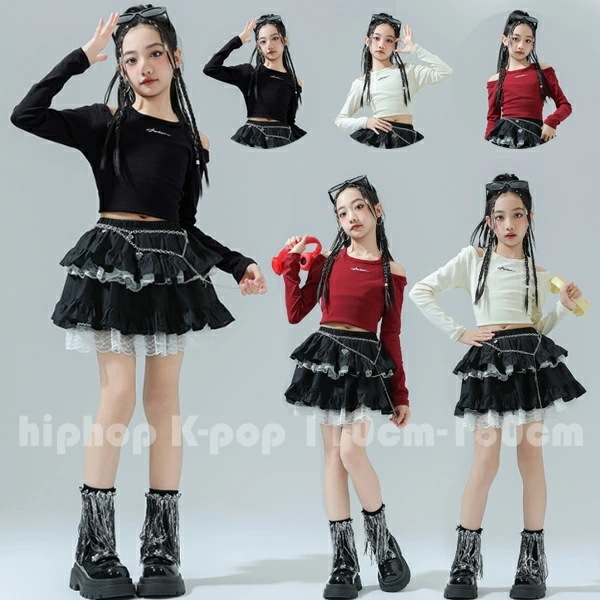 キッズ ダンス衣装 女の子 おしゃれ 黒Tシャツ 杏Tシャツ 赤Tシャツ hiphop K-pop 舞台 団体服 演出服 キッズ ダンスウェア 長袖 トップス ステージ衣装 jazz 原宿系 へそ出し