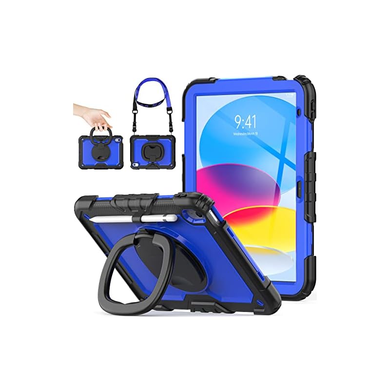 SEYMAC stock iPadケース 第10世代 リングハンドル耐衝撃ケース 10.9インチ専用 ペン収納 ショルダーストラップ フィルム付きフレーム（ブルー+ブラック）