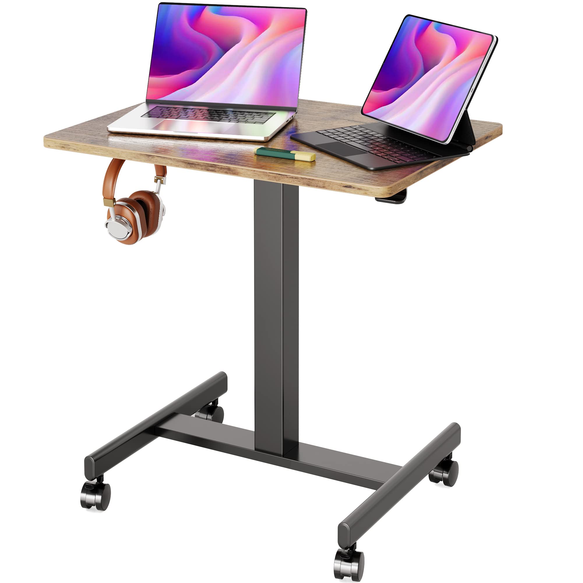 昇降デスク ガス圧 スタンディングデスク 昇降式 テーブル 幅65cm*奥行き48cm テレワーク オフィスデスク 在宅ワーク パソコンデスク 高さ調節 キャスー付き ブラックフレーム/ブラウン天板