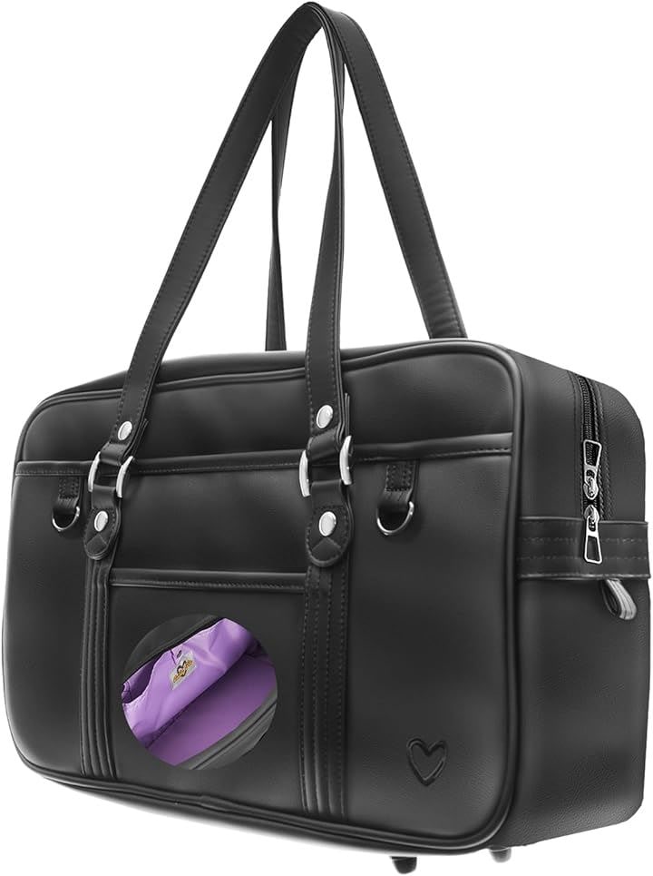 キューティパイ スクバ スクールバッグ 茶色 合皮 高耐久 丈夫 軽い かわいい 持ち手長い 女子高生(ブラック x ラベンダー)