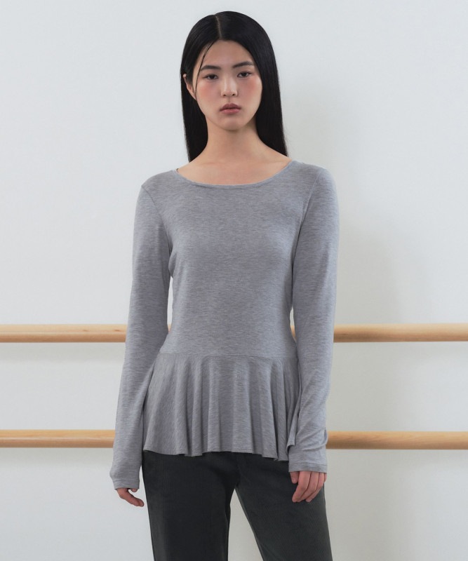 ウーマンズテンセルスリムフレア長袖Tシャツ【ミディアムグレー】
