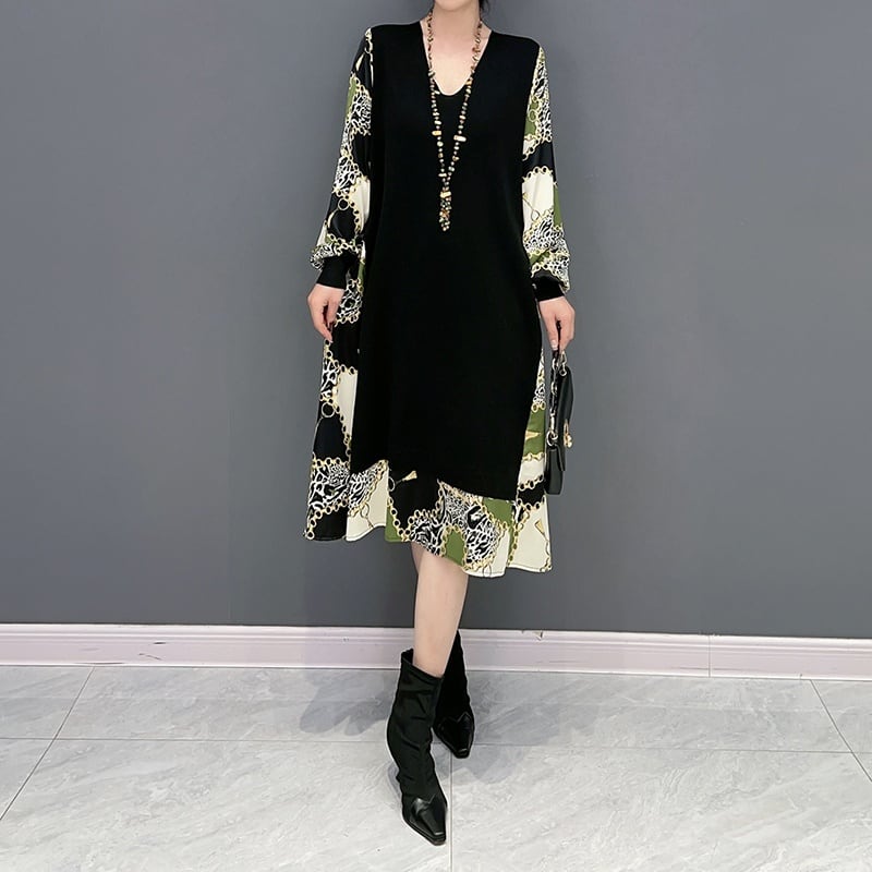 Vネック プリント Aライン ミディドレス 個性的なデザイン ステージ衣装 演出衣装 イベント こせい 個性 特徴あり 新作 TV 主演 ステージ衣装 舞台 おしゃれ