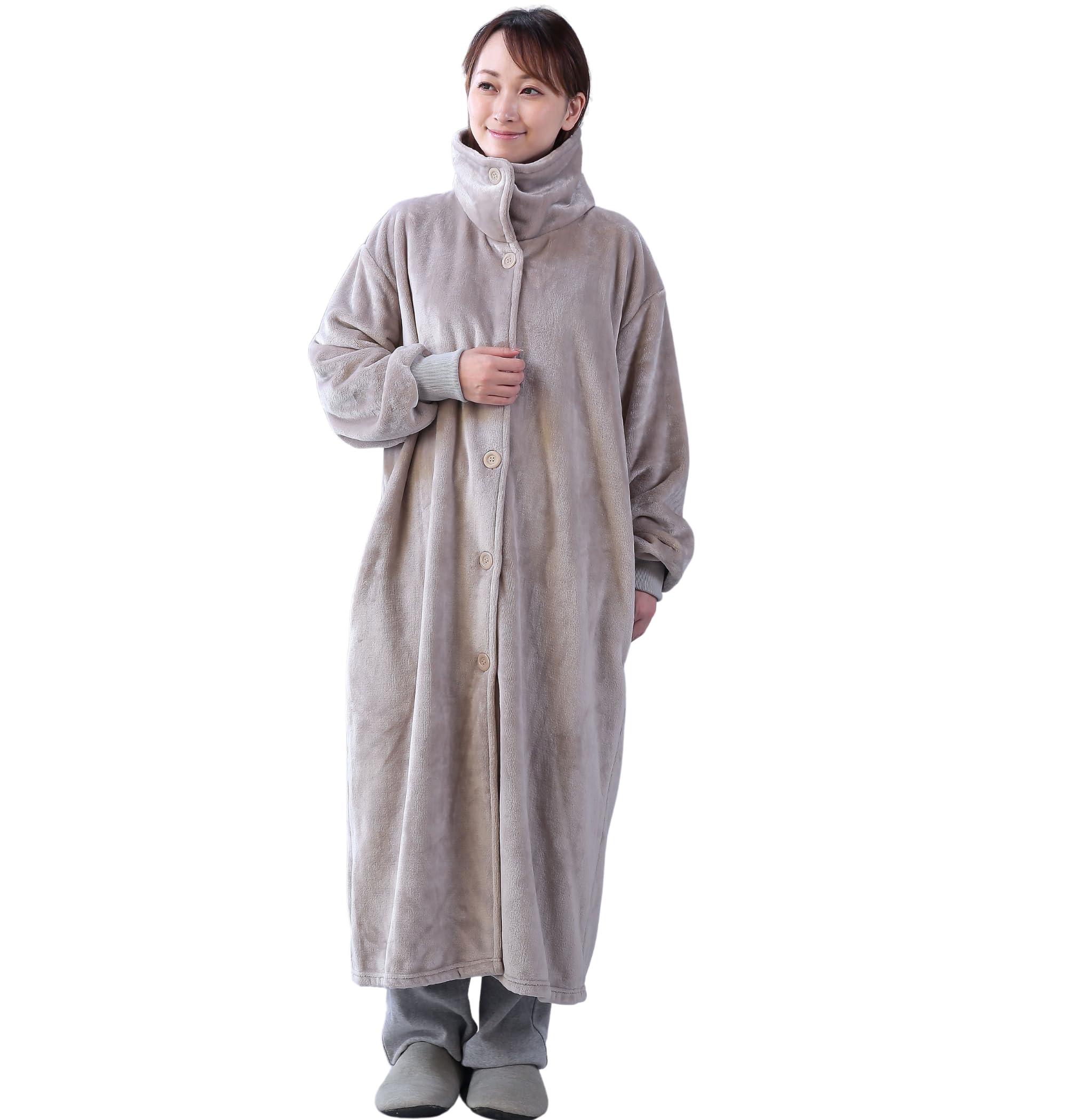 『寝具屋の本気の着る毛布』 ギフト対応可 スタンドカラー 袖口リブ ルームウェア ガウン 部屋着 かいまき ポケット フランネル 厚手 ふわふわ 上質 あったか 男女兼用 フリーサイズ (ベージュ)