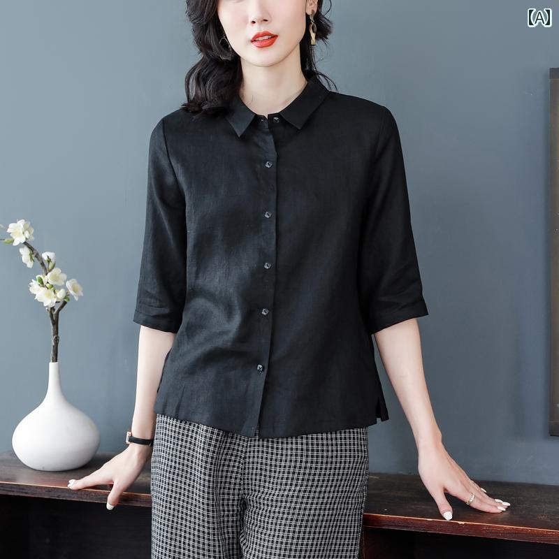 レディース　　シャツ　トップス夏の ハイエンドの リネン 文学的で な 通勤 カジュアル シャツ トップス レディース 5 分 袖