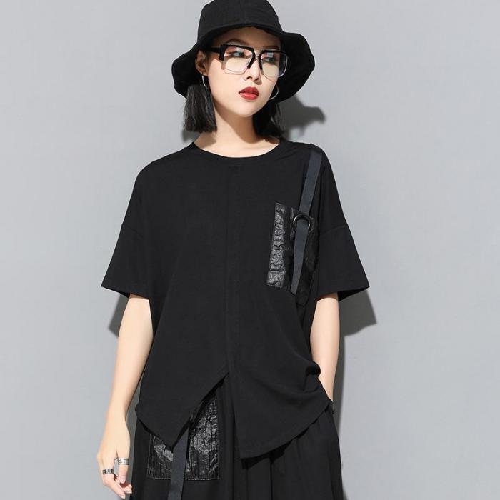 大人モード系かっこいい変形切り込みアシメ半袖TシャツMLXLブラック黒モノトーンラウンドネック個性的