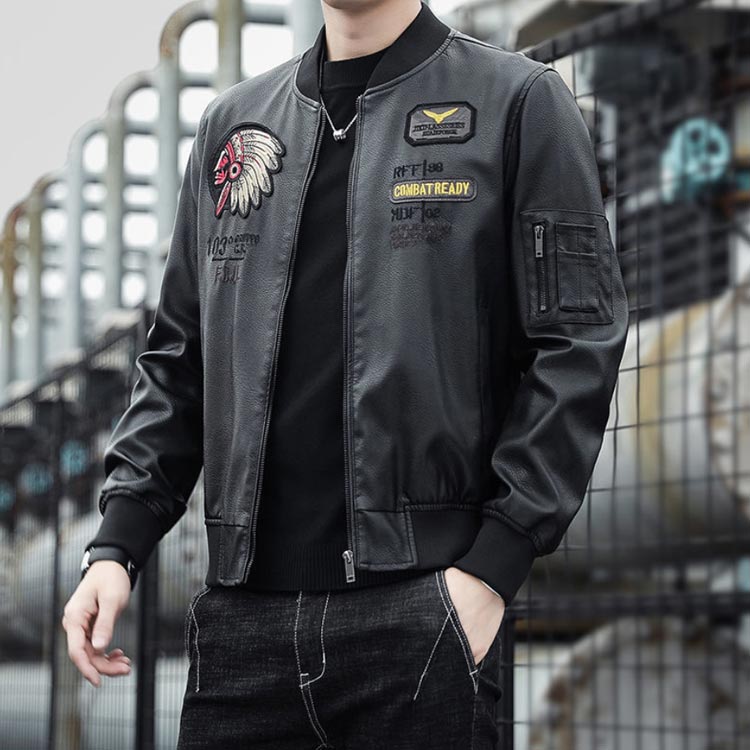 ライダースジャケットメンズレザージャケットノーカラーと襟付き2タイプシングル刺繍裏地付き春物MA-1レザージャケットブルゾンアウター薄防寒防風防水カジュアル春春冬おしゃれ
