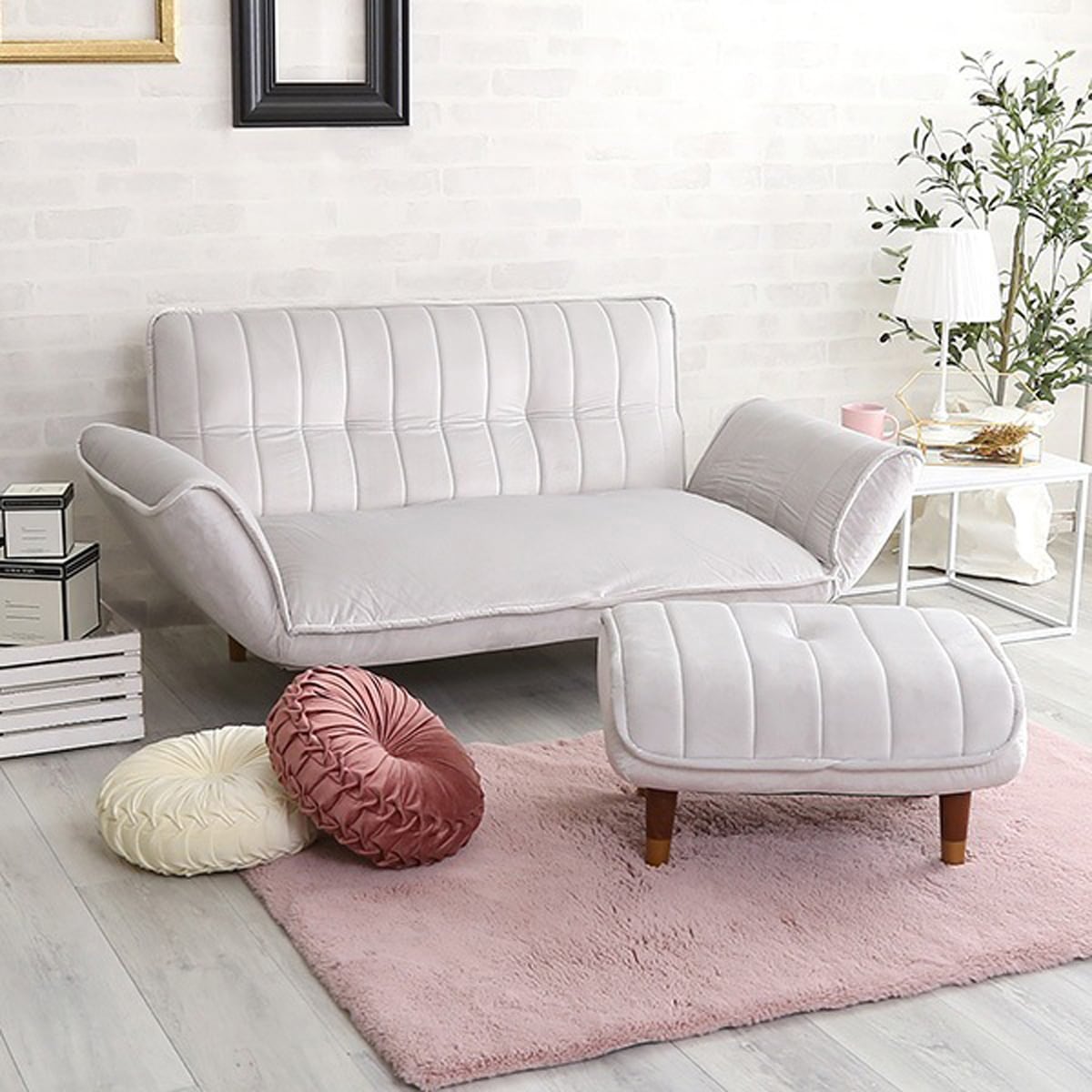 大人かわいいインテリア ベロアカウチソファ 2人掛け+オットマンセット ポケットコイル