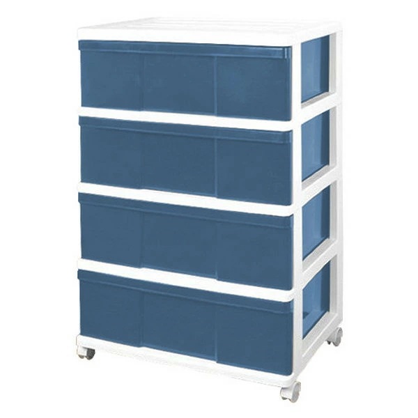 収納ケース プラスチック 引き出し ワイド ４段 幅６０ おしゃれ ホワイト／ネイビー キャスター付