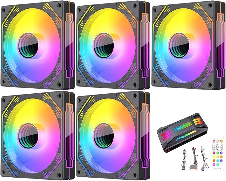 HiFrost PCケースファン5枚セット 120mm 4pin PWM LED ARGB 5v 3pin インフィニティ―ミラー(ブラック, ファン5枚＋ハブ)