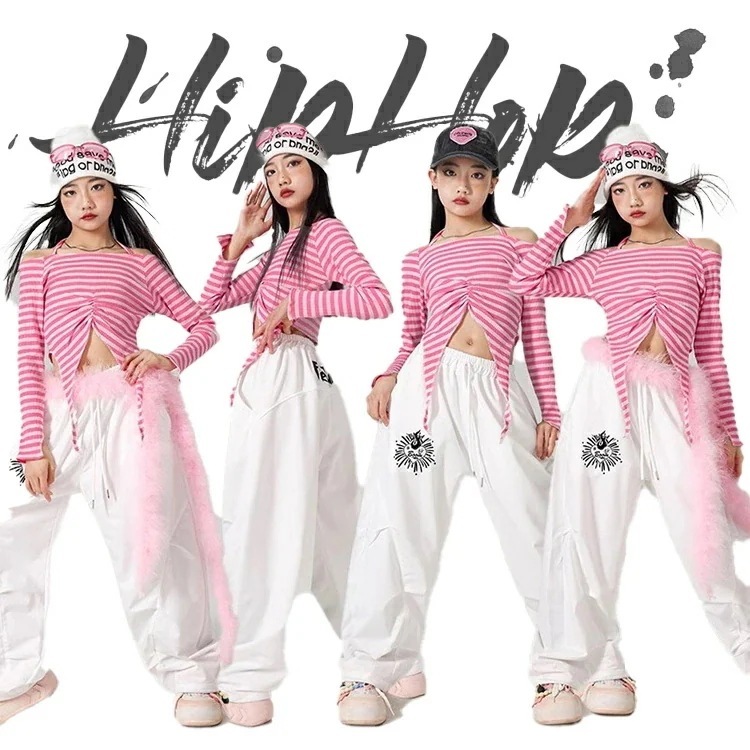 【急速出荷!】キッズ サルエルパンツ 女の子 ダンス衣装 子供服 ピンク ストライプ 肩出し タンクトップ ガールズ へそ出し 長ズボン ダンスウェア 発表会 応援団 イベント ジュニア カッコイイ 4,662円