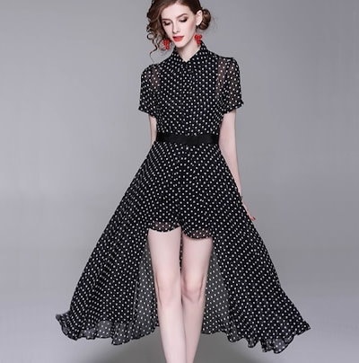 オールインワン ドット柄 水玉 シフォン ワンピース 半袖 Aライン