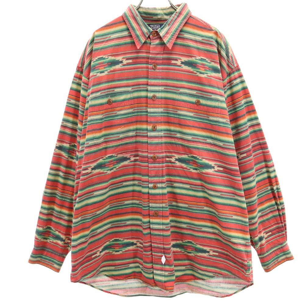 ポロバイラルフローレン チマヨ柄 長袖 シャツ XL レッド系 Polo by Ralph Lauren オルテガ メンズ
