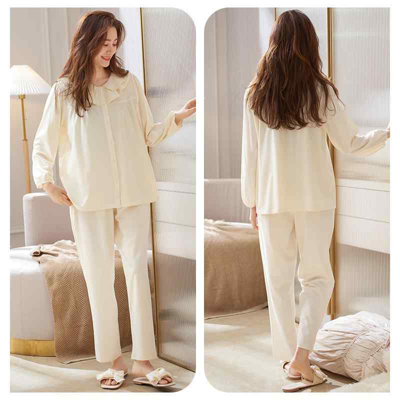 パジャマ レディース 上下セット 春秋 長袖 薄手 ルームウェア 大きいサイズ ウエストゴム 前開き 通気性 柔らかい 母の日 プレゼント シンプル 白