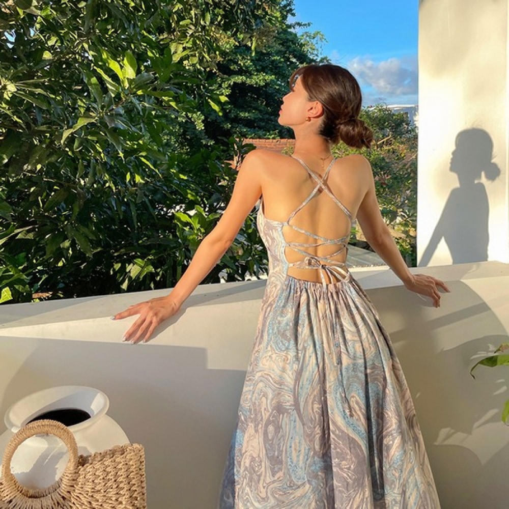 (Vivarup) ペイズリーバッククロスビーチドレス OP20113F サマーストラップオフショルダースプリットバックレスセクシーリゾートバケーションドレスオーシャンドレス