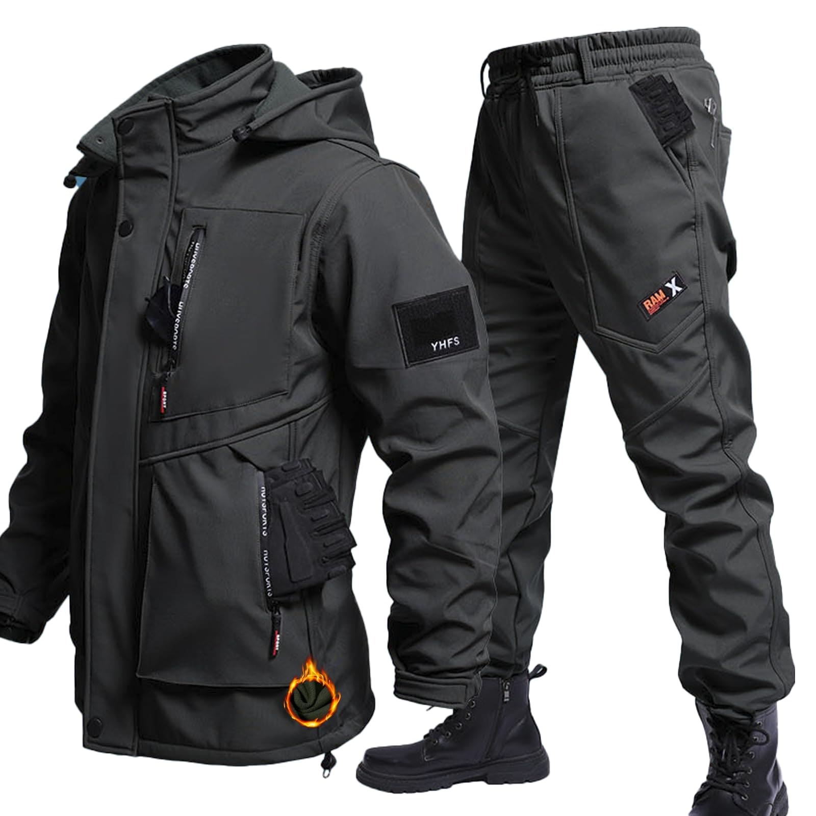 [ｉｎｏｔｅｎｋａ] アウトドアジャケット 上下セット メンズ 厚手 登山服 防寒着 360体温循環 ハイキングジャケット フード付き 裏起毛 撥水 防風 スキーウェア マウンテンパーカー トレッキ