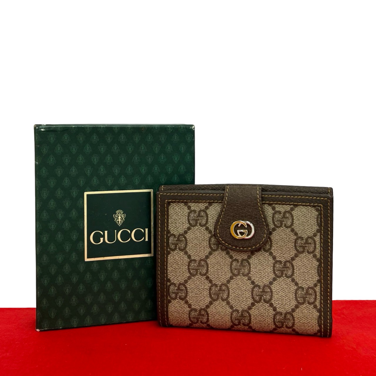 ヴィンテージ GG ロゴ 金具二つ折り財布 キャンバス レザー ブラウン 33572
