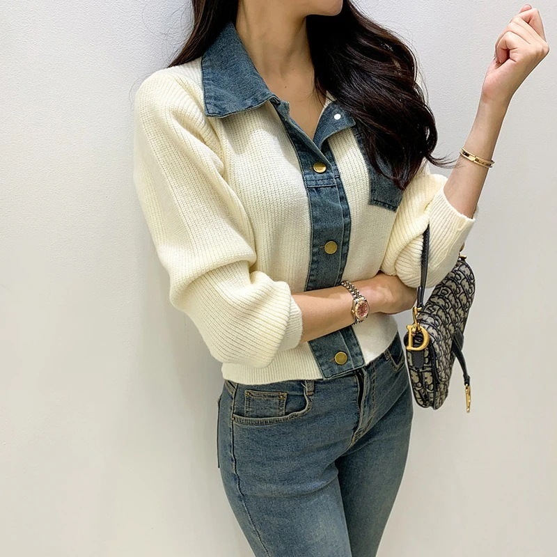 【急速出荷!】ニット セーター デニム Vネック 異素材ミックス 長袖 韓国 レディース オルチャン 白 ホワイト 黒 ブラック グレー 緑 切り替えデザイン 細身 襟付き ポケット 女子会