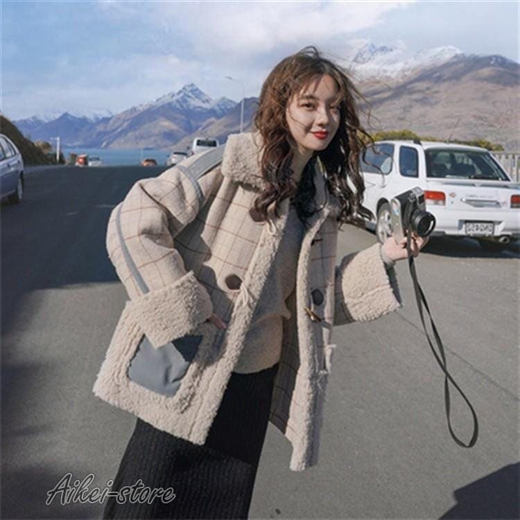 ラシャコート レディース ダブルブレスト 毛皮 牛角 ラム毛 厚手 ラシャジャケット ロング丈秋冬 チェック柄 カジュアル スプリングコート 着痩せ アウター