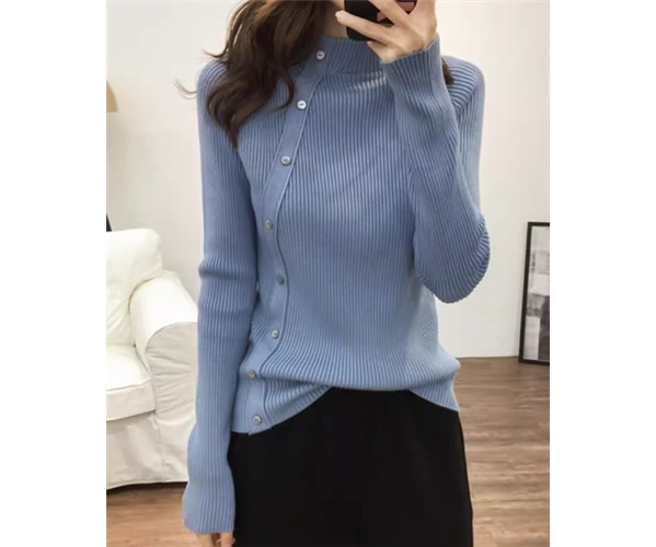 レディース トップス ニット セーター プルオーバー ミドル丈 長袖 ハイネック タイト スリム 細身 フィット 異国風 ボタン ストレッチ 伸縮性 大人可愛い きれいめ シンプル カジュアル 上品