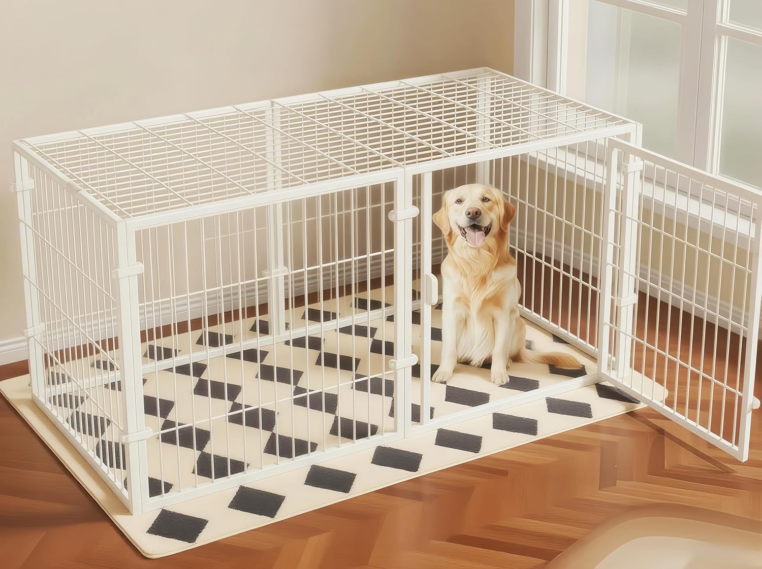 犬 ゲージ ペットフェンス ペットサークル 140長さ x 70幅 x 80高さ cm 屋根面付き2つのドア 栅 レイアウト自由 自立 ケージ ドッグサークル 脱走防止 組立簡単 小型犬 中型犬