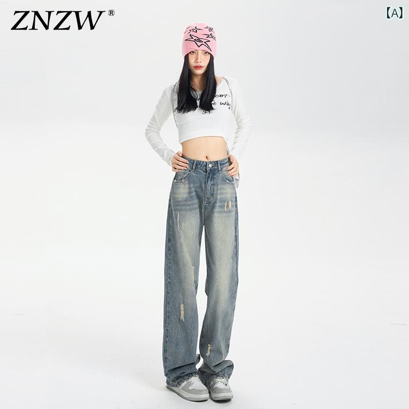デニムパンツ レディース ダメージ ジーンズ クラッシュ ボトムス レトロ ワイド ストリート ストレート 韓国 ブルー