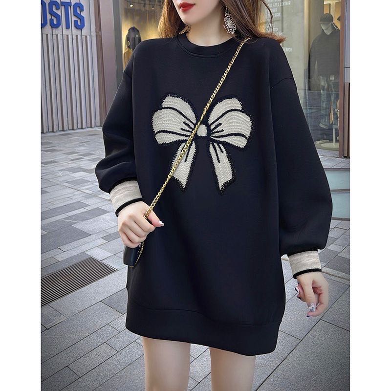 【急速出荷!】ロングトレーナー かわいい リボン柄 トレーナー ロング レディース 秋 トップス 大きいサイズ 秋冬 可愛いトレーナー 蝶柄 秋服 長袖 大きめ レディーストレーナー おしゃれ 丸首