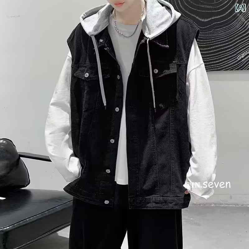 デニム ベスト メンズ ノースリーブ ジャケット カジュアル ファッション 大きいサイズ フード 春秋 ブラック ブルー