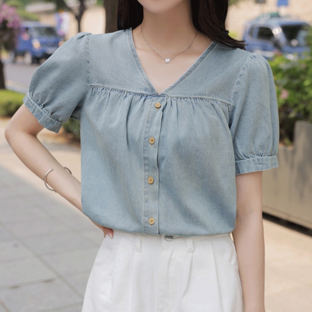 クリックアンファニー デニムブラウス Vネック テンデン