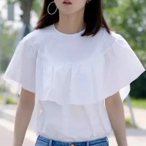 レディース トップス シャツ ブラウス カットソー プルオーバー チュニック フレア Tシャツ ショート 半袖 フレアスリーブ フリル袖 Uネック ラウンドネック クルーネック ボトルネック 襟なし