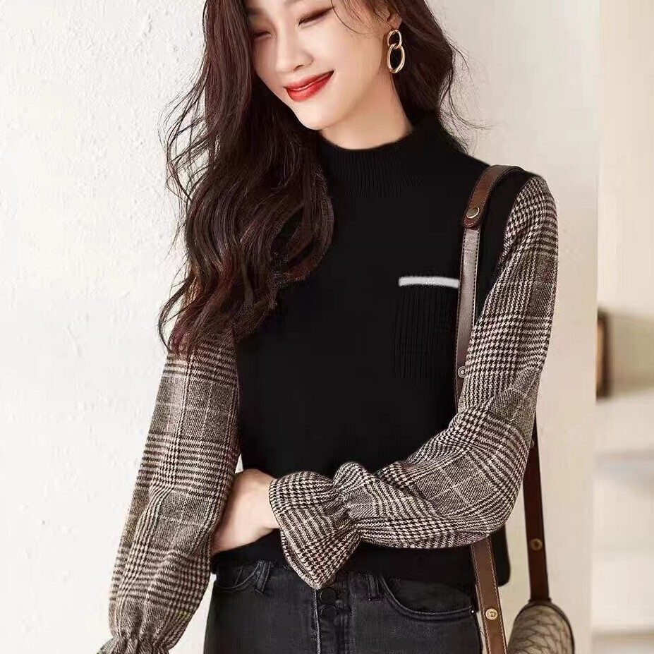 レディース トップス カットソー プルオーバー ミドル丈 長袖 ハイネック スタンドカラー スリム 細身 切り替えデザイン ドッキング 大人可愛い きれいめ おしゃれ こなれ感 個性的 クール 抜け感