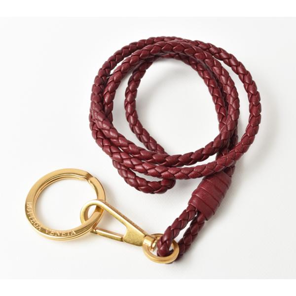 キーリング/ネックストラップ BOTTEGA VENETA レザー バーガンディー/ゴールド