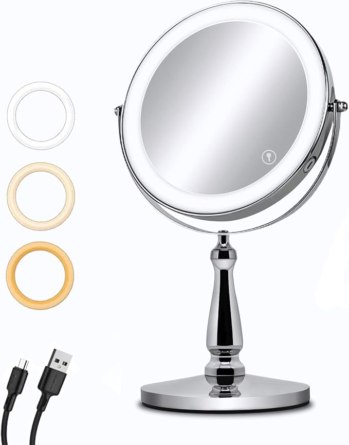 Shinmax 鏡 卓上 拡大鏡 女優ミラー 10倍 スタンドミラー ライト付き Type-C充電式 メイク メモリー 消し忘れ防止 PSE認定済 8インチ 日本語説明書付き【ギフト包装】