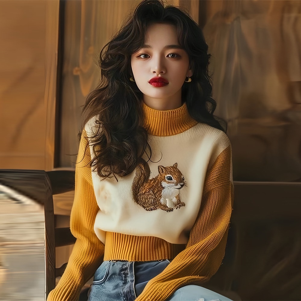 コントラストカラーのハーフタートルネックリトルリスニットセーターは秋冬に屋外で着用できますレディース2024年新作バーンスタイルトップス