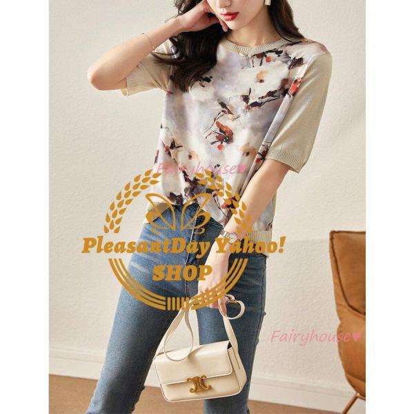 Tシャツ レディース 春夏新作 40代 半袖 ニットトップス プリントシフォン切り替えTシャツ ショット丈ニットソー カットソー おしゃれ 大人 50代 30代