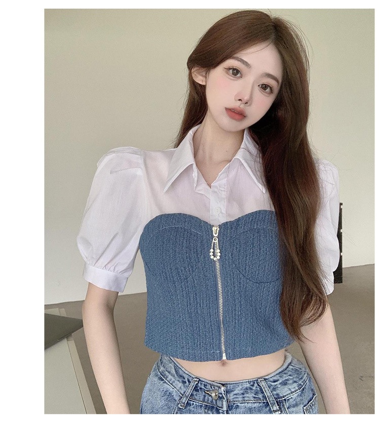 学生風 個性的 トップス シャツ ブラウス ショート丈 袖あり 半袖 ボリューム袖 Vネック 襟付き 細身 ストレート 切り替えデザイン 前開き 薄手 かわいい きれいめ おしゃれ レトロ 大人可愛い
