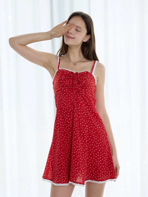 【新作】BLOOMING DAYS ミニワンピース涼しげな花柄・アイボリー＆レッド