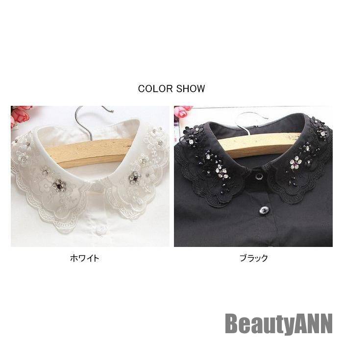 新生活 刺繍 レディース つけ襟 付け襟 花刺繍 刺繍襟 二層襟 ビジュー付き ホワイト ブラック ゴムバンド ズレにくい 重ね着風 こなれ感 秋 秋 春 冬 秋ファッション 冬物 春物 秋物 プ