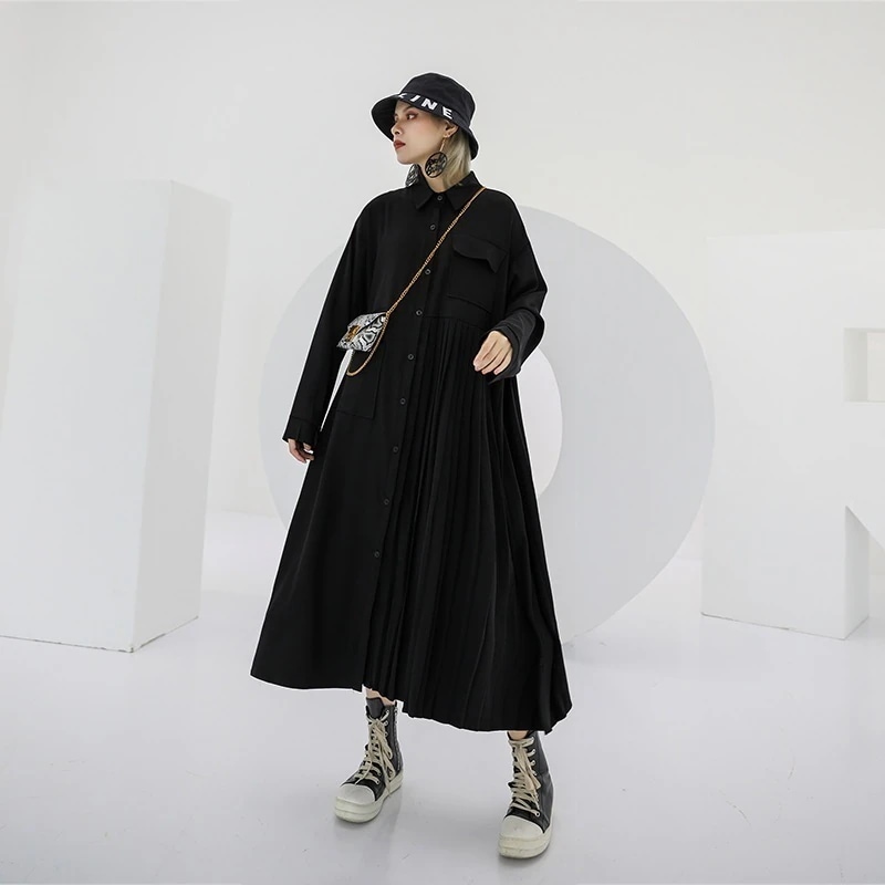 ダークウインドシフォンドレープシャツワンピース 女性の春と秋の新しい緩い薄いファッションファッショナブルなプリーツドレス冬のワンピース