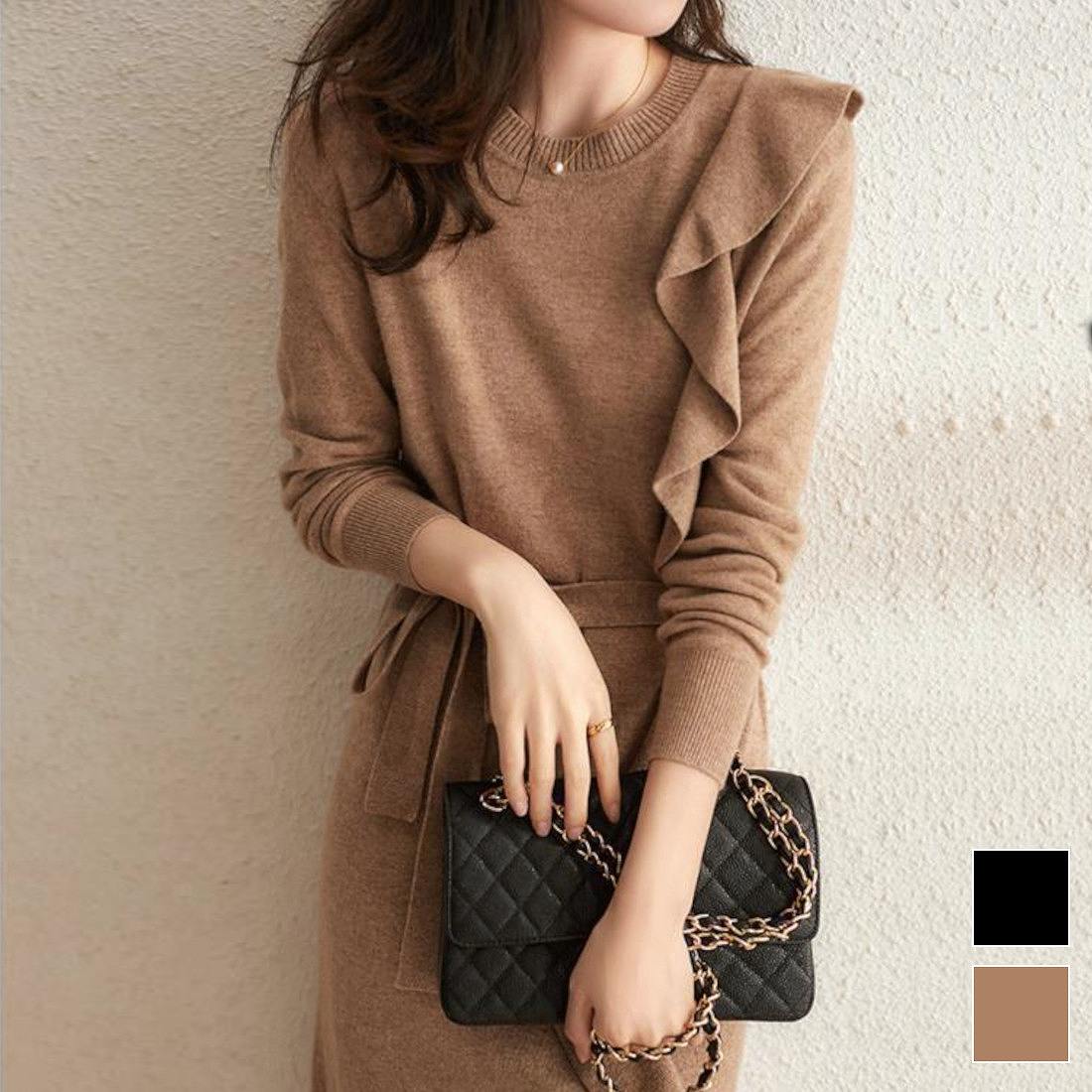 お得な価格主役級の大人フェミニンニットワンピ ニットワンピース ロングワンピース フェミニン フリル 大人女子 上品 エレガント デート ディナー おでかけ レディース 冬