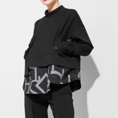 ツーピース風 柄 切替ブラウス レディース トップス 丈長 長袖 ハイネック オーバーサイズ ポケット 切り替えデザイン 綿 おしゃれ かっこいい こなれ感 個性的 クール モード系 モダン 存在感